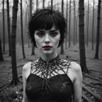 photograph, demonic Scandinavian Astrid , she is surrounded by decay, blood red lipstick