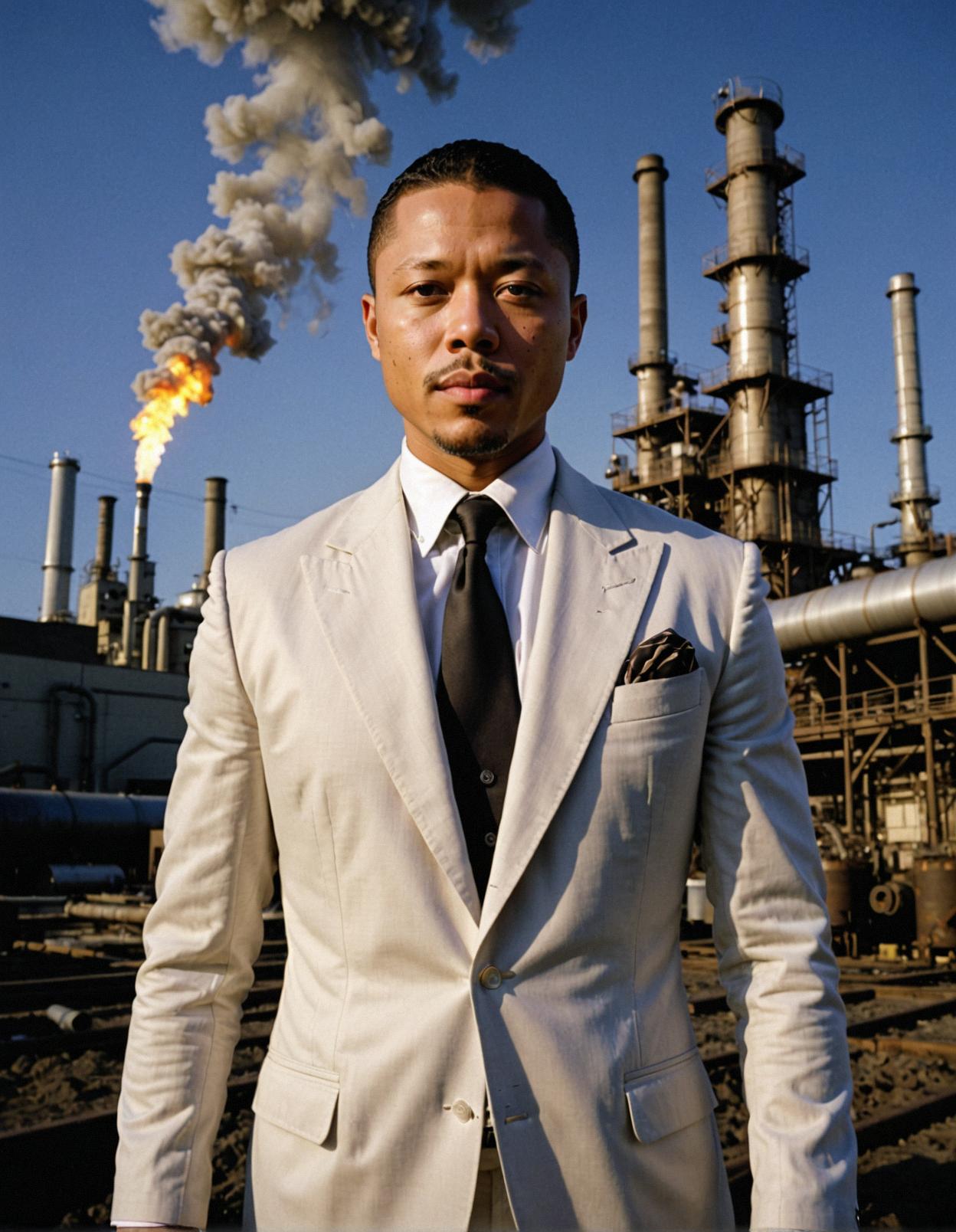 photograph, Popular World renowned Meiji Era Healer, Terrence Howard, dressed in phoebe philo tailored preppy clothing