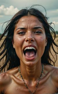 photograph of arrogant aborigine female, top down view, Adriana Lima inspired face, yawning