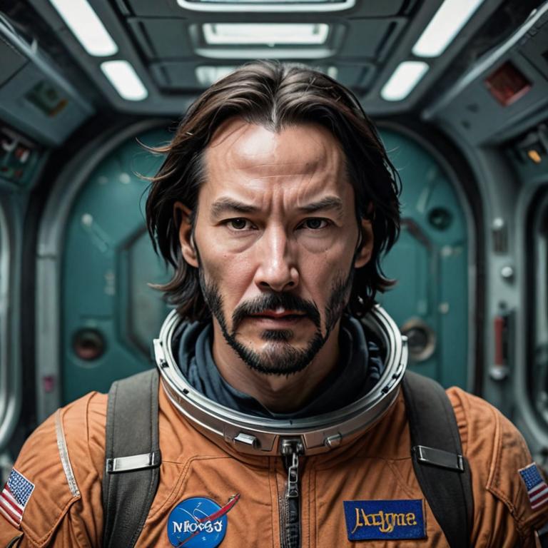 photograph of a hairy coach in space, Keanu Reeves, popular culture themes, bold lines