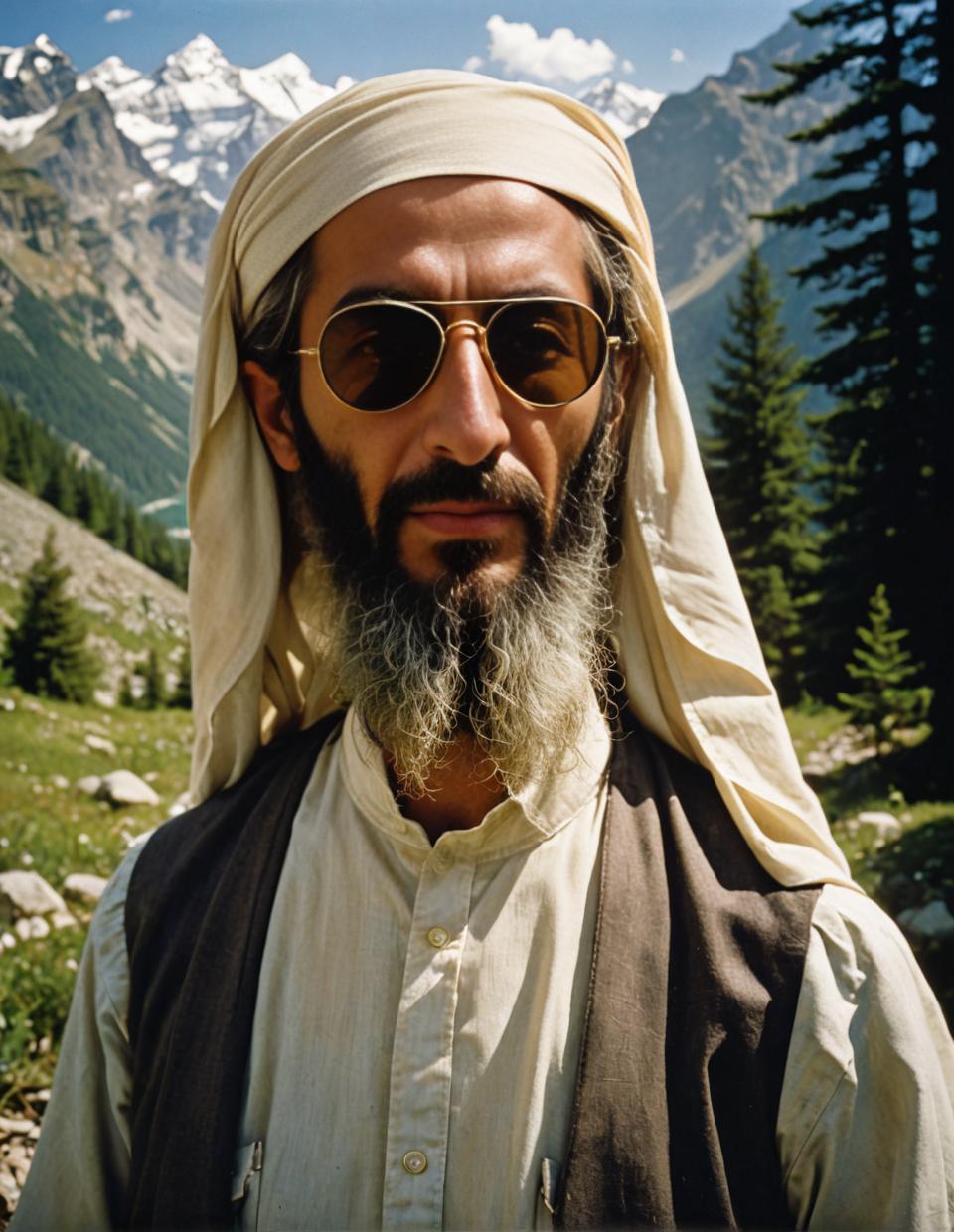 Swiss Baron Osama bin Laden, grim face, art by Toni Frissell and Martin Rak, Toni Frissell and Martin Rak art style