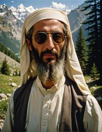 Swiss Baron Osama bin Laden, grim face, art by Toni Frissell and Martin Rak, Toni Frissell and Martin Rak art style