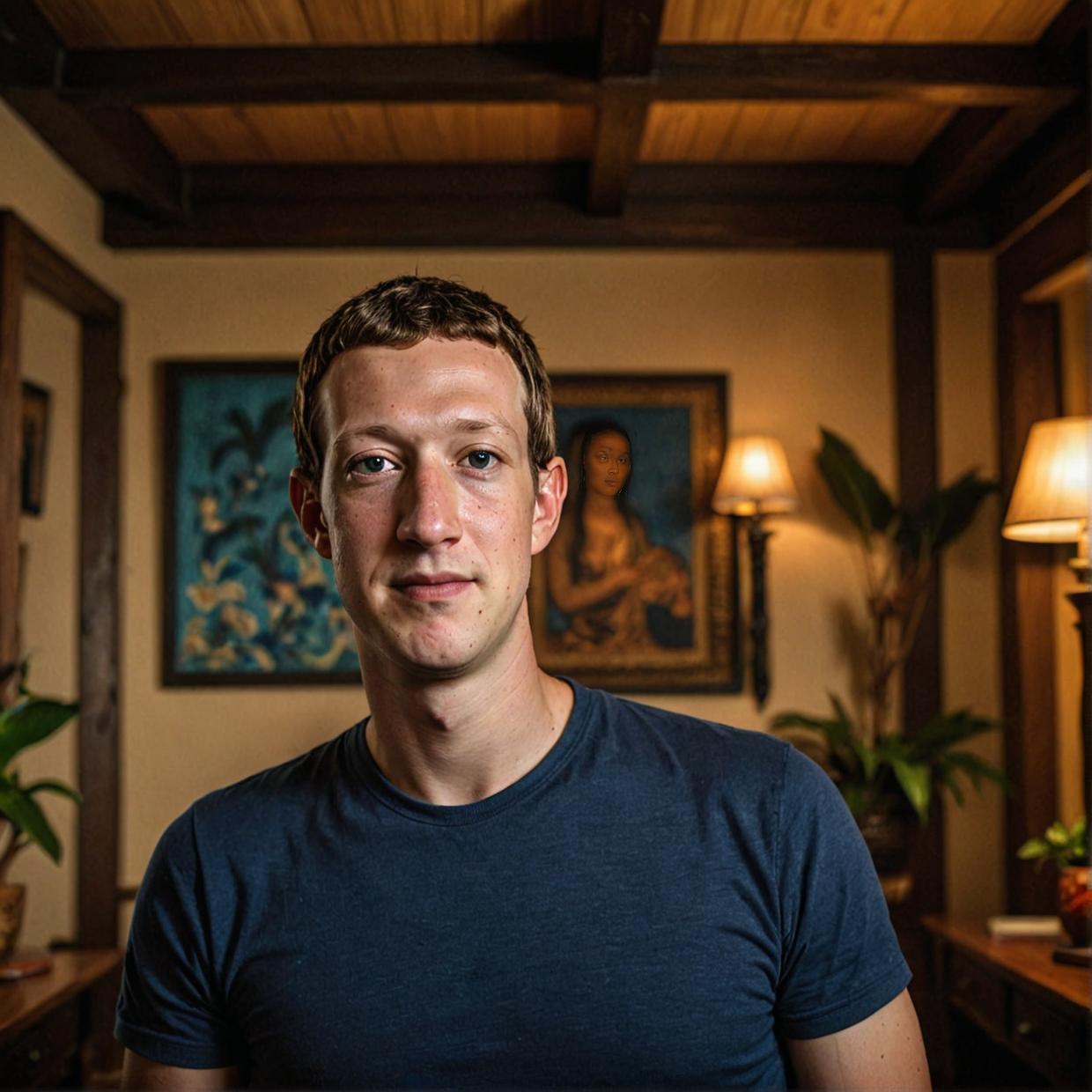 photograph, slender Mark Zuckerberg, magnificent, black and navy blue hair