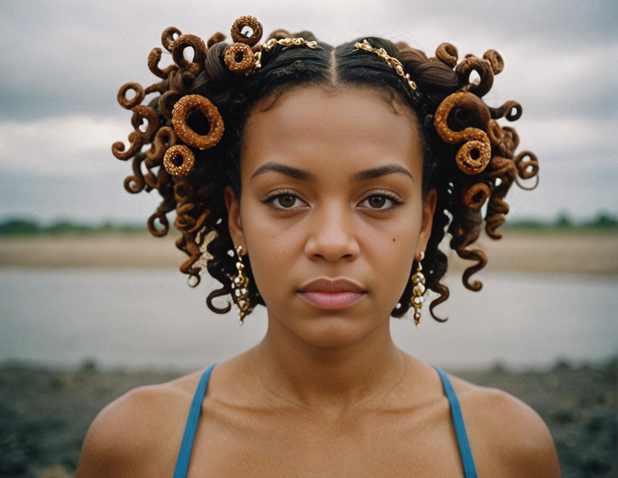 photograph, long shot of a woman with unhappy face and happy expression, Bantu knots hair with Gem studded details, in Overcast light