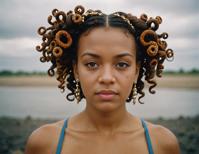 photograph, long shot of a woman with unhappy face and happy expression, Bantu knots hair with Gem studded details, in Overcast light