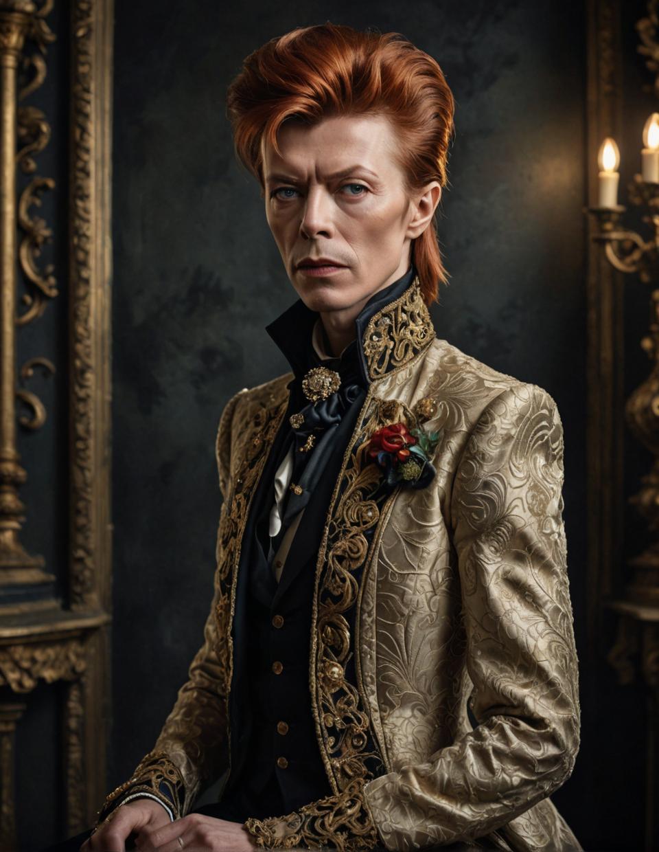high fashion portrait, luxurious setting, David Bowie inspired, intricate details