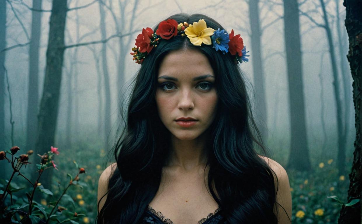 depressing atmosphere, dark princess, long dark hair, flowers in hair