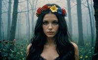 depressing atmosphere, dark princess, long dark hair, flowers in hair