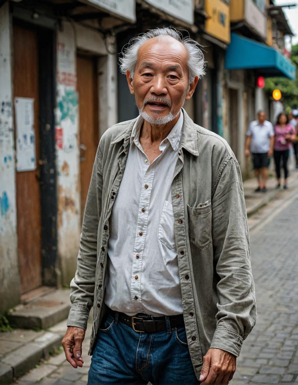 old man, grunge outfit, unbuttoned shirt, soft focus