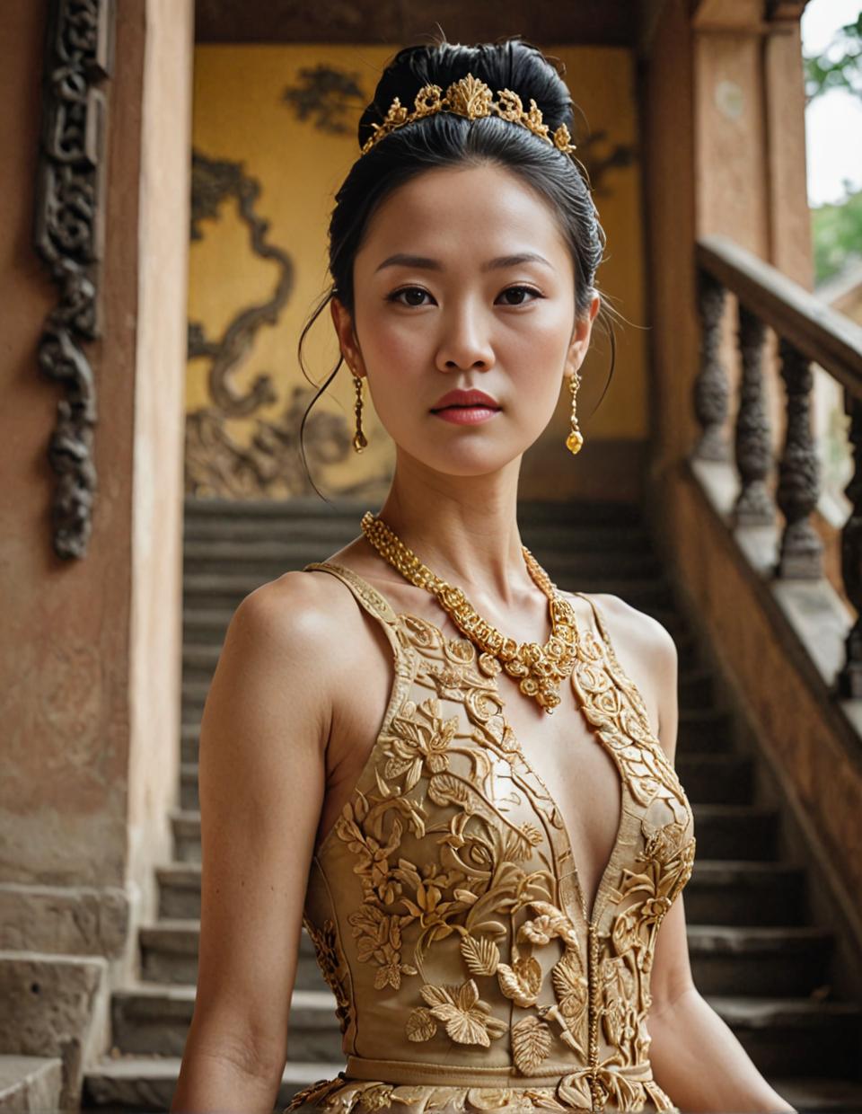photograph, Zhang Ziyi, woman with unconventional and quirky style, walking up stairs