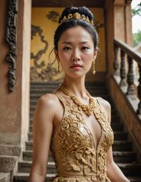 photograph, Zhang Ziyi, woman with unconventional and quirky style, walking up stairs