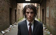 distorted reflection, shattered mirror, abandoned suit, tangled hair