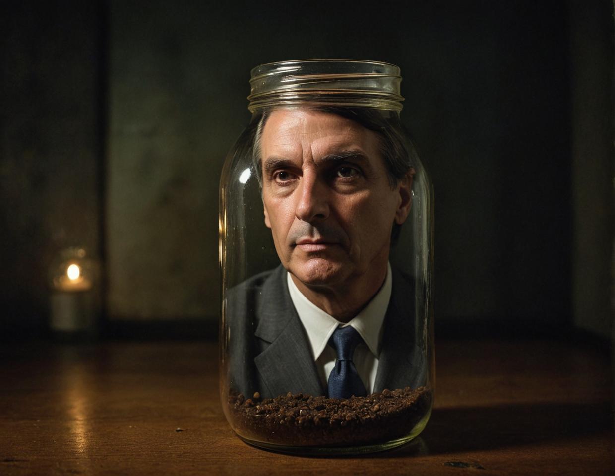 Homely Welsh figure in a mason jar, low light, Jair Bolsonaro s face superimposed, RAW photo