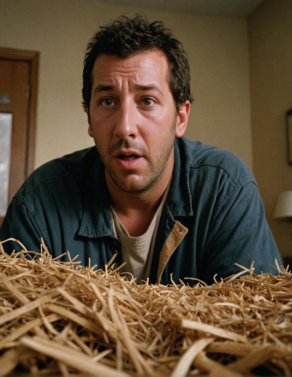 hopeless hopeless scene, adam sandler hairy face, hair in frame, low angle