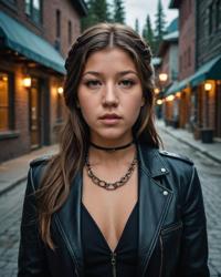 Dark alleyway, Cosplayer Ad le Exarchopoulos, chain necklace, Banff National Park at dusk