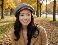 photograph, Chibi fat Christian Serratos Podcasting, she is expressing joy, in Flat cap