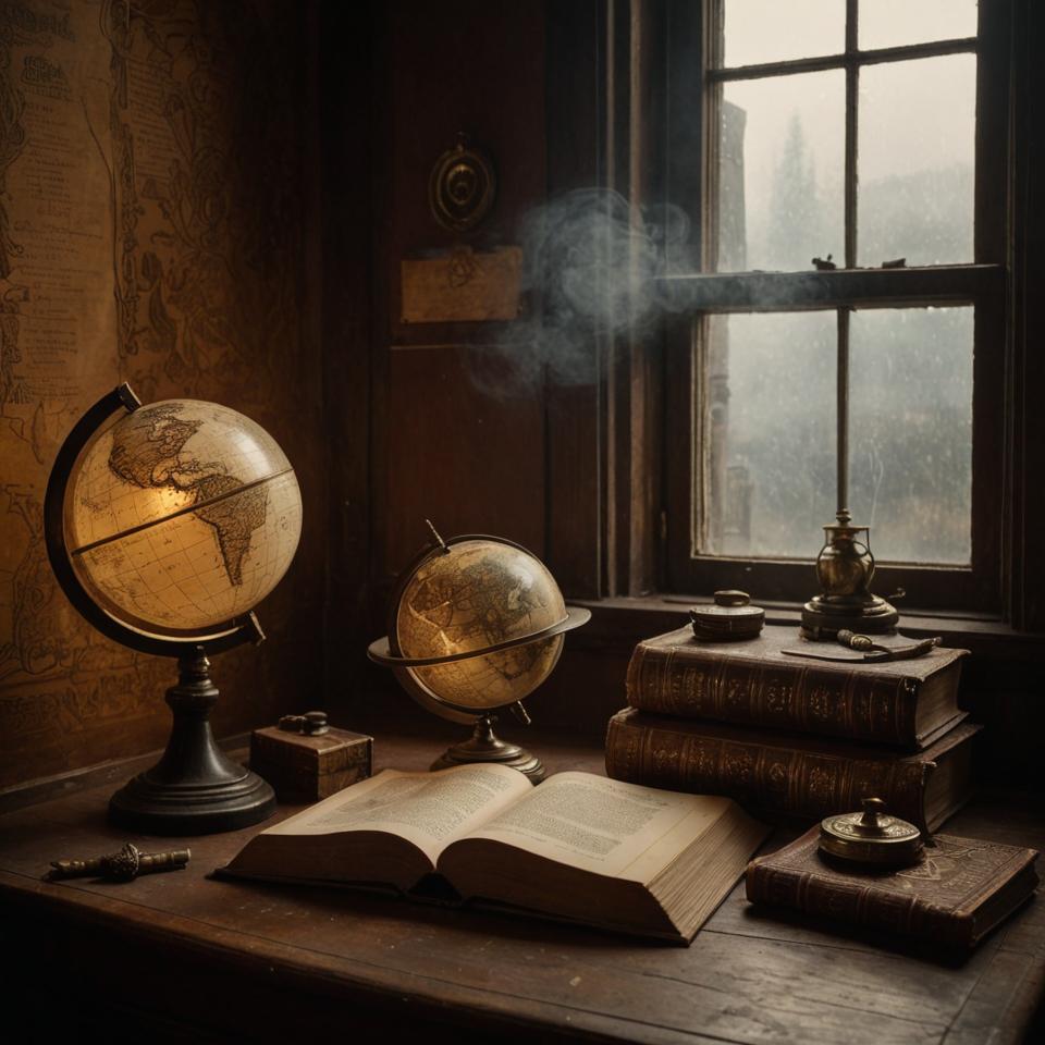 Ancient tomes, mystical scrolls, dimly lit chamber, foggy window