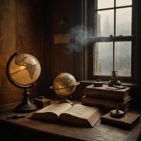 Ancient tomes, mystical scrolls, dimly lit chamber, foggy window