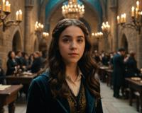 Isabella Fuhrman in Hogwarts castle, cyan sparks, orton effect, bokeh