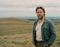 casual outfit, russell crowe in the background, vast landscape, soft pastel colors