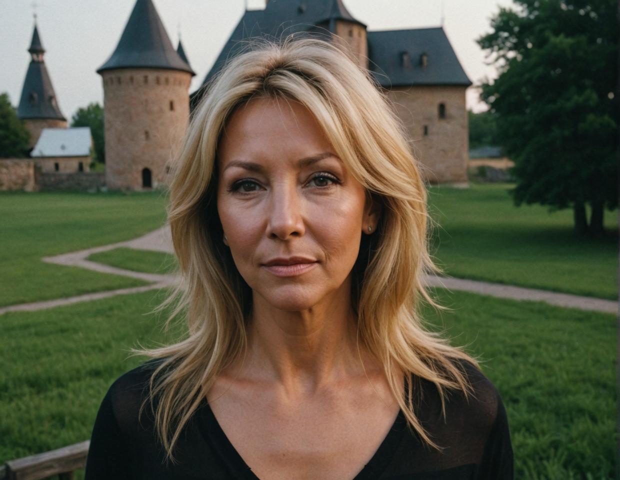 Restless, emotive Heather Locklear in a dimly lit Suzdal, sharp in focus, realistic film grain