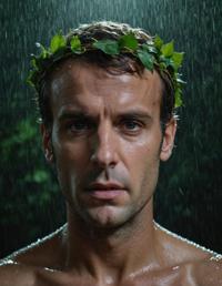 photograph, disgusting small, emmanuel macron hard boiled circlet, bathes in rainstorm