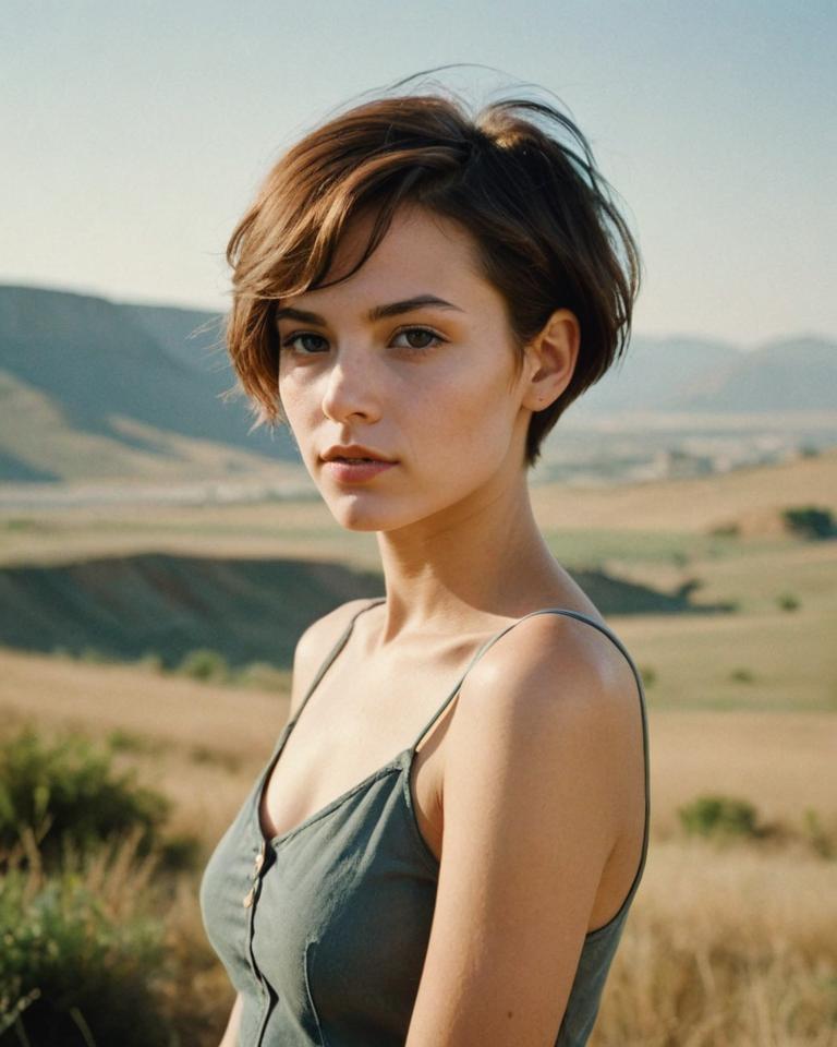 Enchanting young woman with alternative art style, proud expression, short hair, zulu automail arm