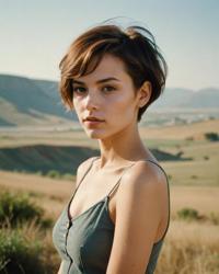 Enchanting young woman with alternative art style, proud expression, short hair, zulu automail arm