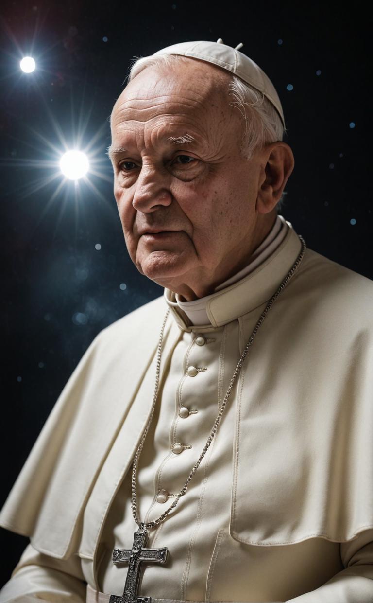 Masterpiece photograph of Pope John Paul II, dwarf planet Ceres, tranquil atmosphere, drop dead gorgeous burly man