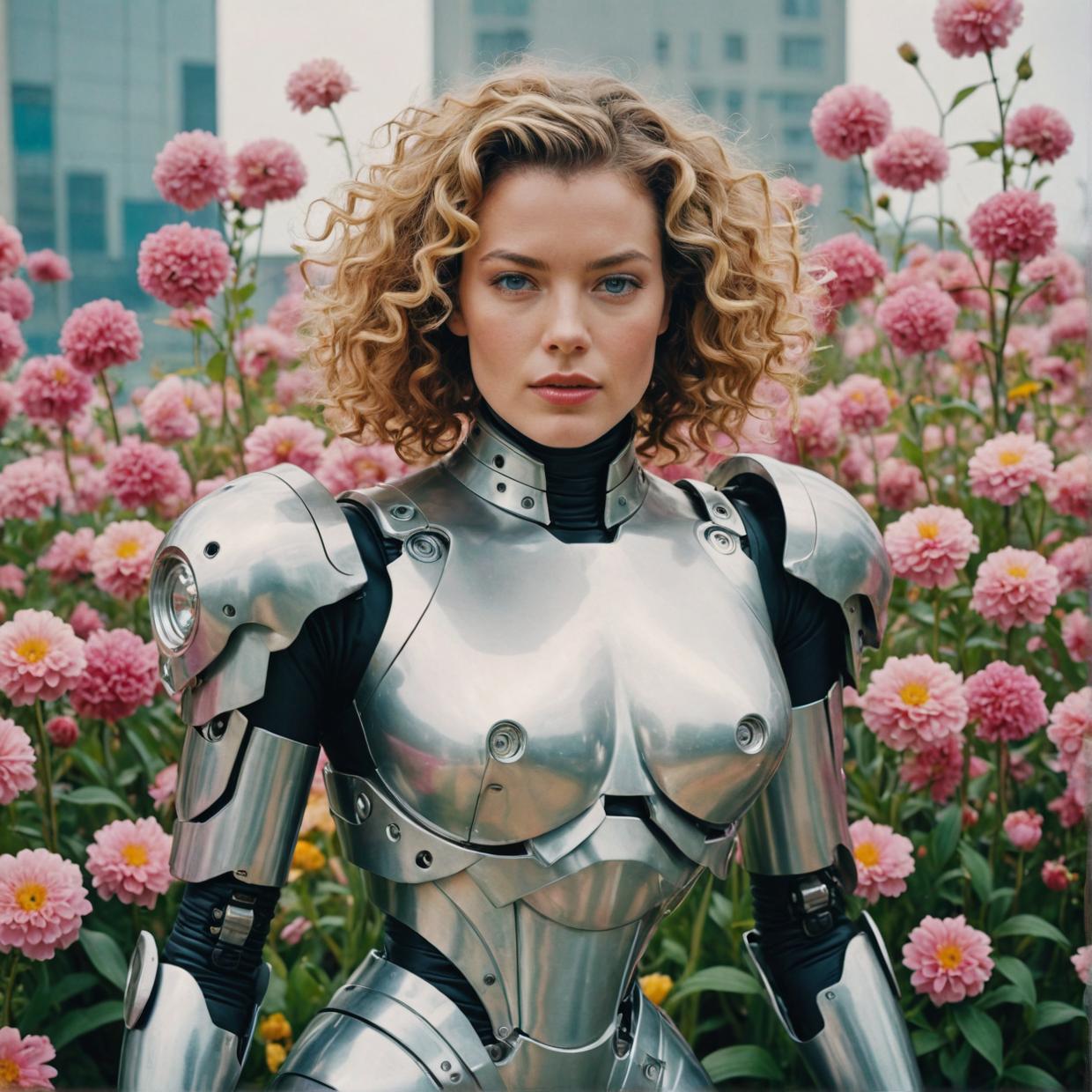 photograph of Rebecca Romijn with very curly hair, wearing fashionable outfit inspired by Cloudpunk, standing in front of a cold, sharp