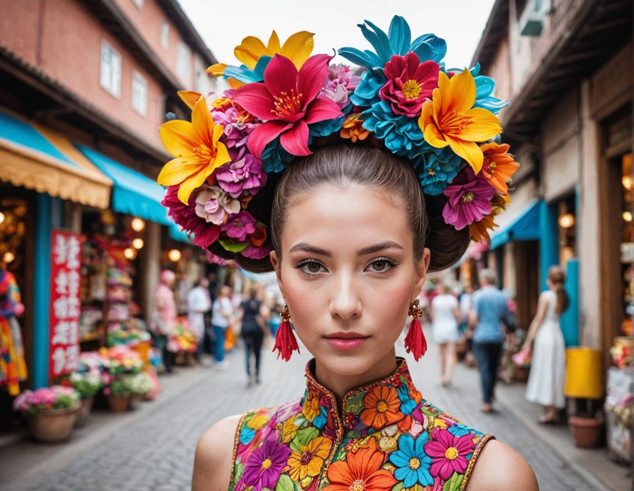 city of ceramic, colorful market, exotic flowers, vibrant textiles