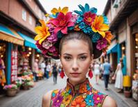 city of ceramic, colorful market, exotic flowers, vibrant textiles