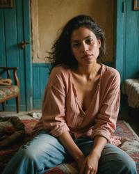 Colombian woman lounges, worn clothing, mm lens, palikir interior