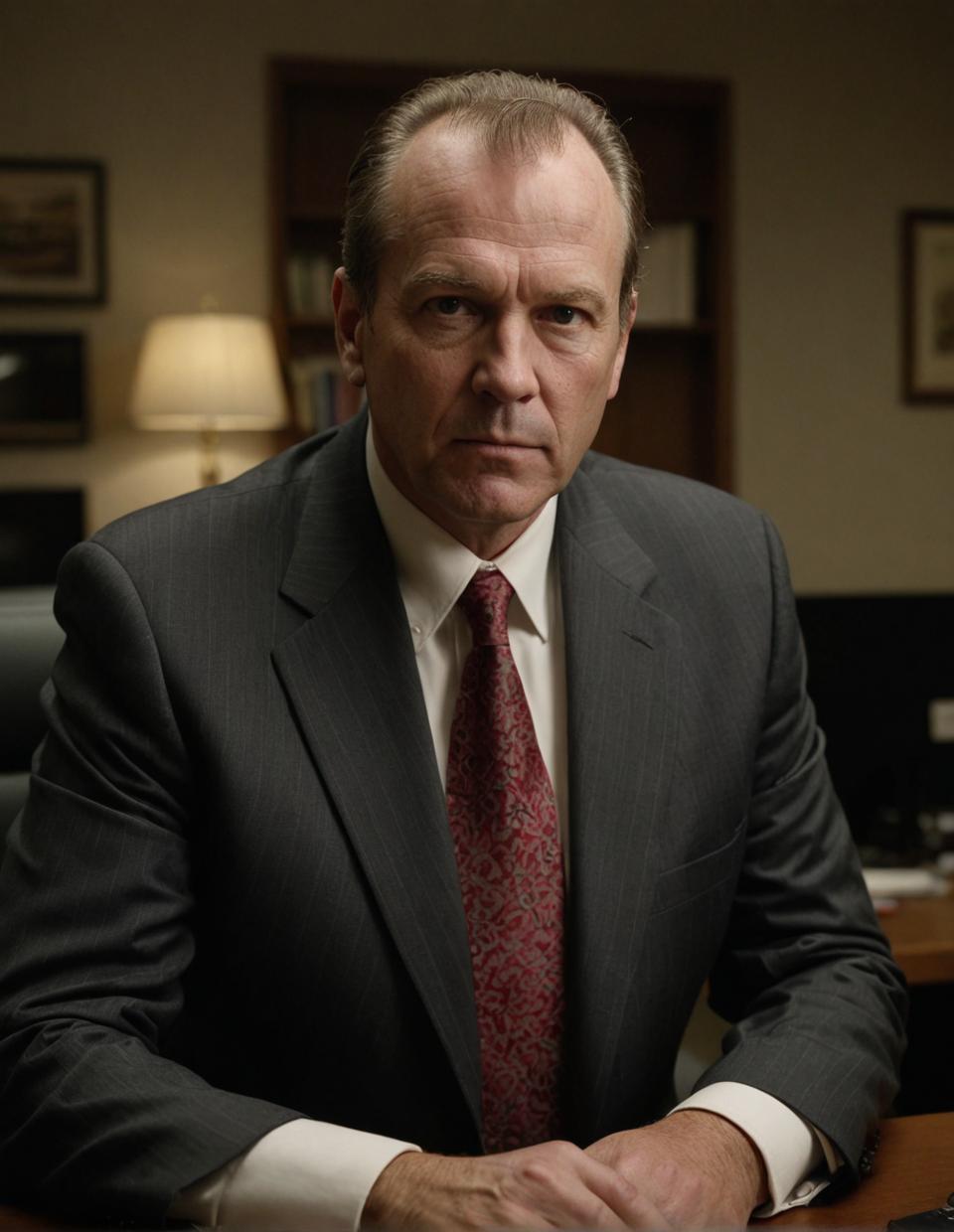 evil office worker, year old beefy jan jones, dimly lit interior, intentional camera shake