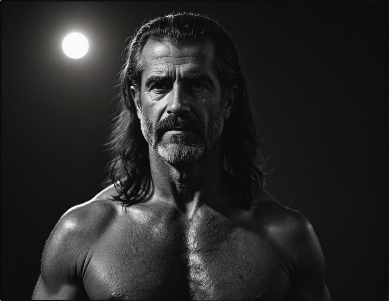 A provocative celebrity portrait, Papuan Mel Gibson, resplendent in trendy straight hair styled by Vanessa Beecroft, set against a dark moonlit background