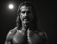 A provocative celebrity portrait, Papuan Mel Gibson, resplendent in trendy straight hair styled by Vanessa Beecroft, set against a dark moonlit background