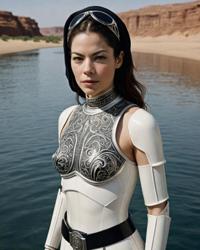 photograph of woman in water, michelle monaghan, shirin neshat design, matador outfit