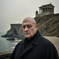 photograph, melancholic expression, ancient architecture, John Goodman