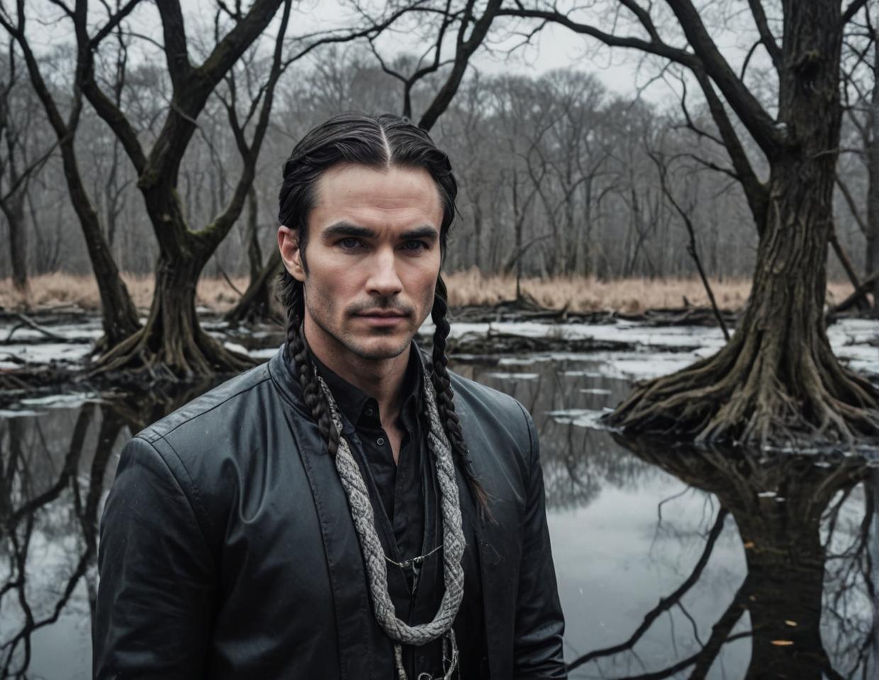photograph of serene pond among roots, vibrant psytrance artwork, cyborg Ian Somerhalder with dark Dutch braid, winter stormy landscape
