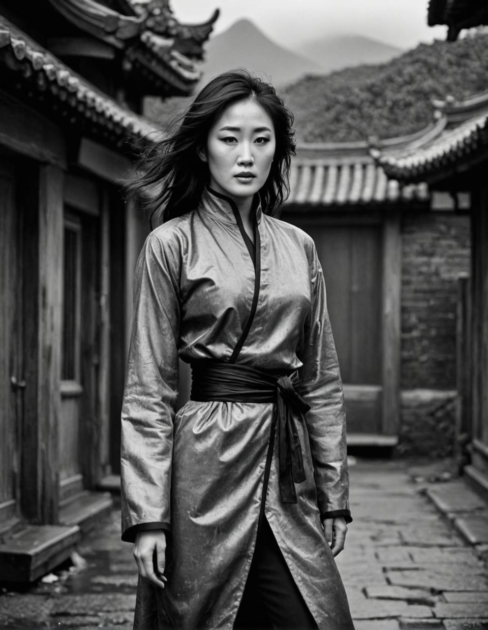 art by Sergio Larra n, photograph, dirty fashionable elegant korean gong li, gong li tunic voidpunk dress jojo pose canadian hair curtain bangs mossy rock background stormy weather