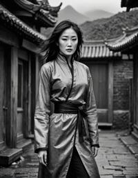 art by Sergio Larra n, photograph, dirty fashionable elegant korean gong li, gong li tunic voidpunk dress jojo pose canadian hair curtain bangs mossy rock background stormy weather