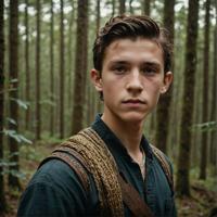 photograph, golden light, albanian boy tom holland, intricate braided hair