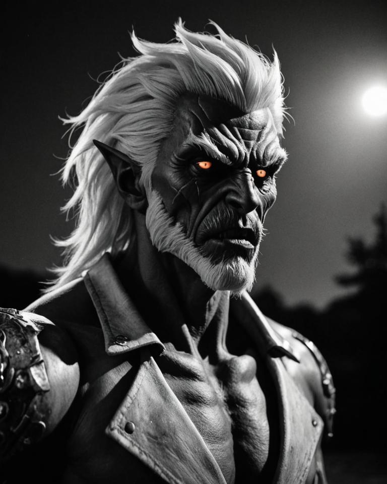 tall figure in moonlit night, stressed lycanthrope, sharp focus, angry face