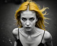 Award winning photograph, high angle shot, trendy hairstyles, classical deep yellow eyeshadow