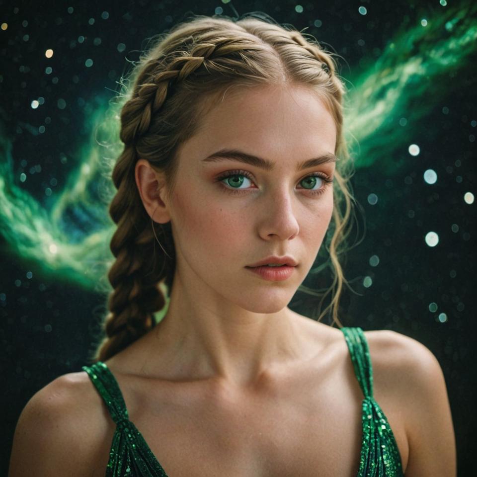 Photograph of glamorous model with sharp focus, intricate braids, heterotype aesthetic, primary colors