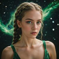 Photograph of glamorous model with sharp focus, intricate braids, heterotype aesthetic, primary colors