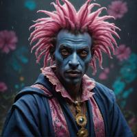 Dark indigo background, Court jester in worn robe, pink fauxhawk with flower in hair, cybernetic eye