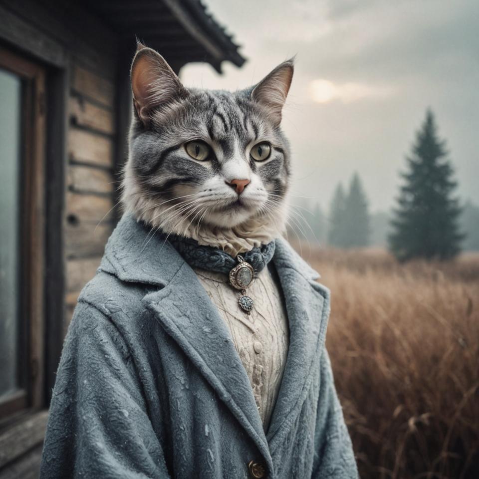 Frosty morning, elegant cat, luxurious clothing, misty atmosphere