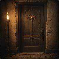 old, mysterious door, eerie atmosphere, glowing runes