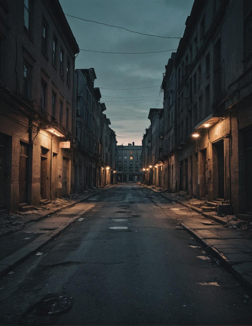 abandoned street at dusk, low ambient light, high contrast, cityscape
